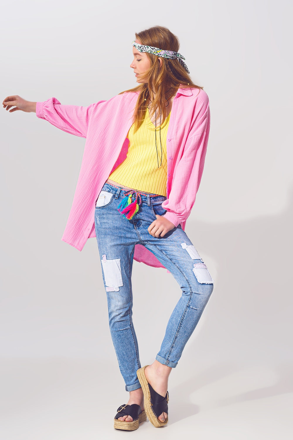 Camisa de ajuste livre texturada em cor de rosa
