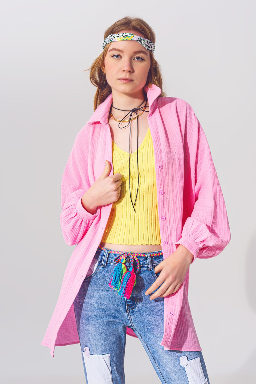 Camisa de ajuste livre texturada em cor de rosa