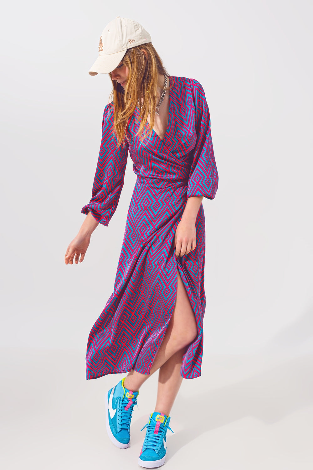 Vestido de manga comprida Maxi Wrap em Geo Print