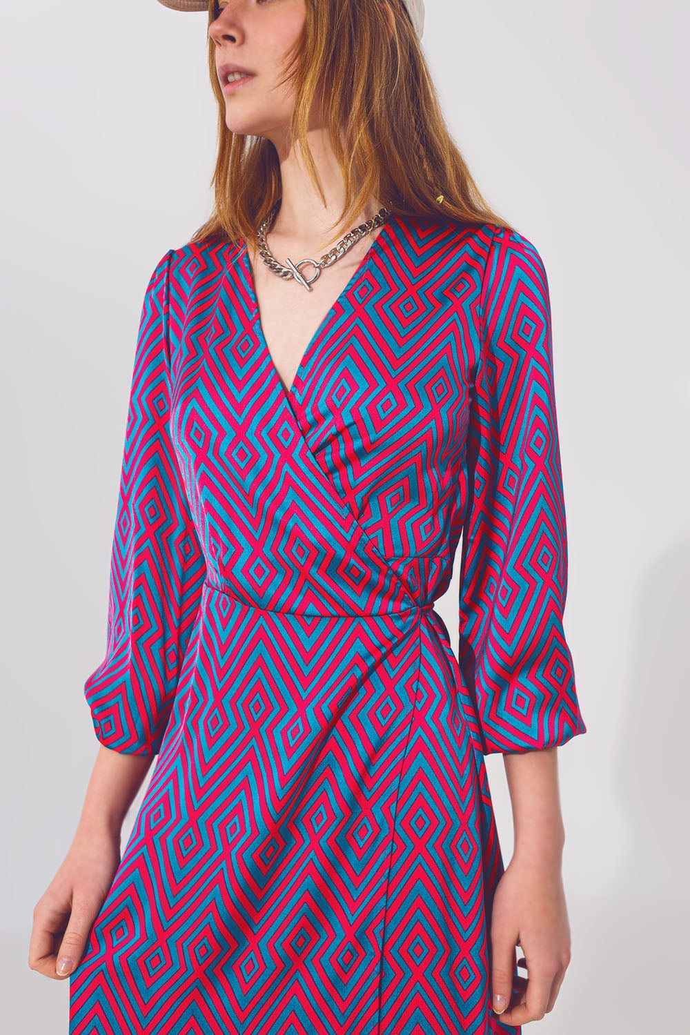 Vestido de manga comprida Maxi Wrap em Geo Print