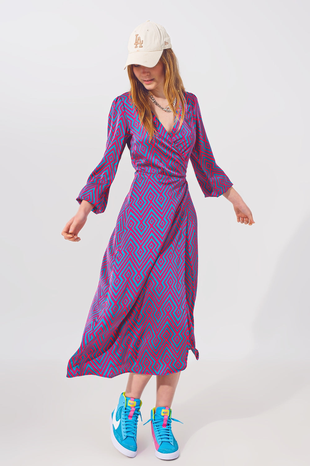 Vestido de manga comprida Maxi Wrap em Geo Print