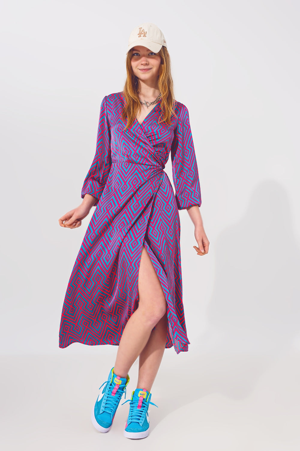 Vestido de manga comprida Maxi Wrap em Geo Print
