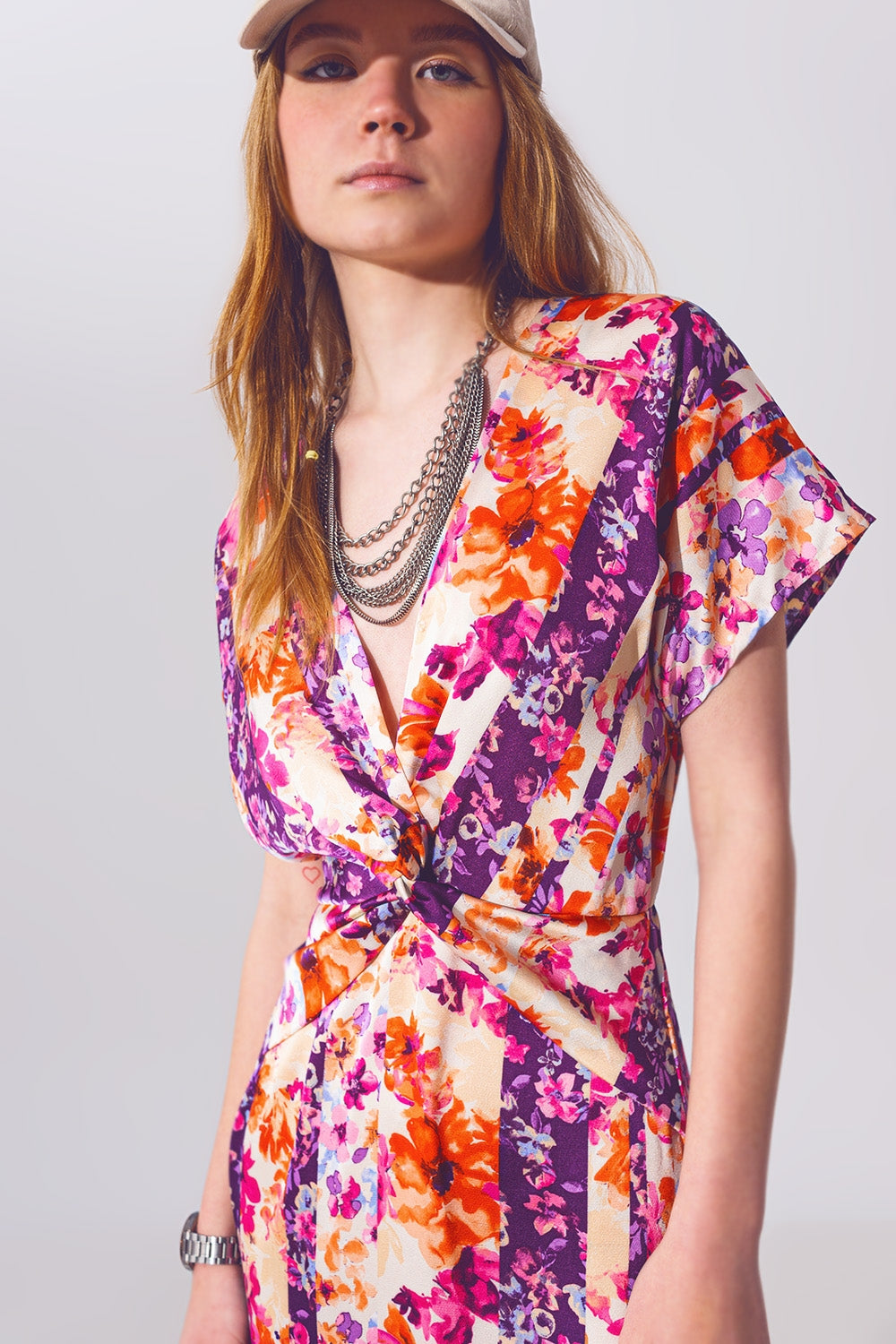 Vestido longo Nó frontal impressão em Multicor de flores