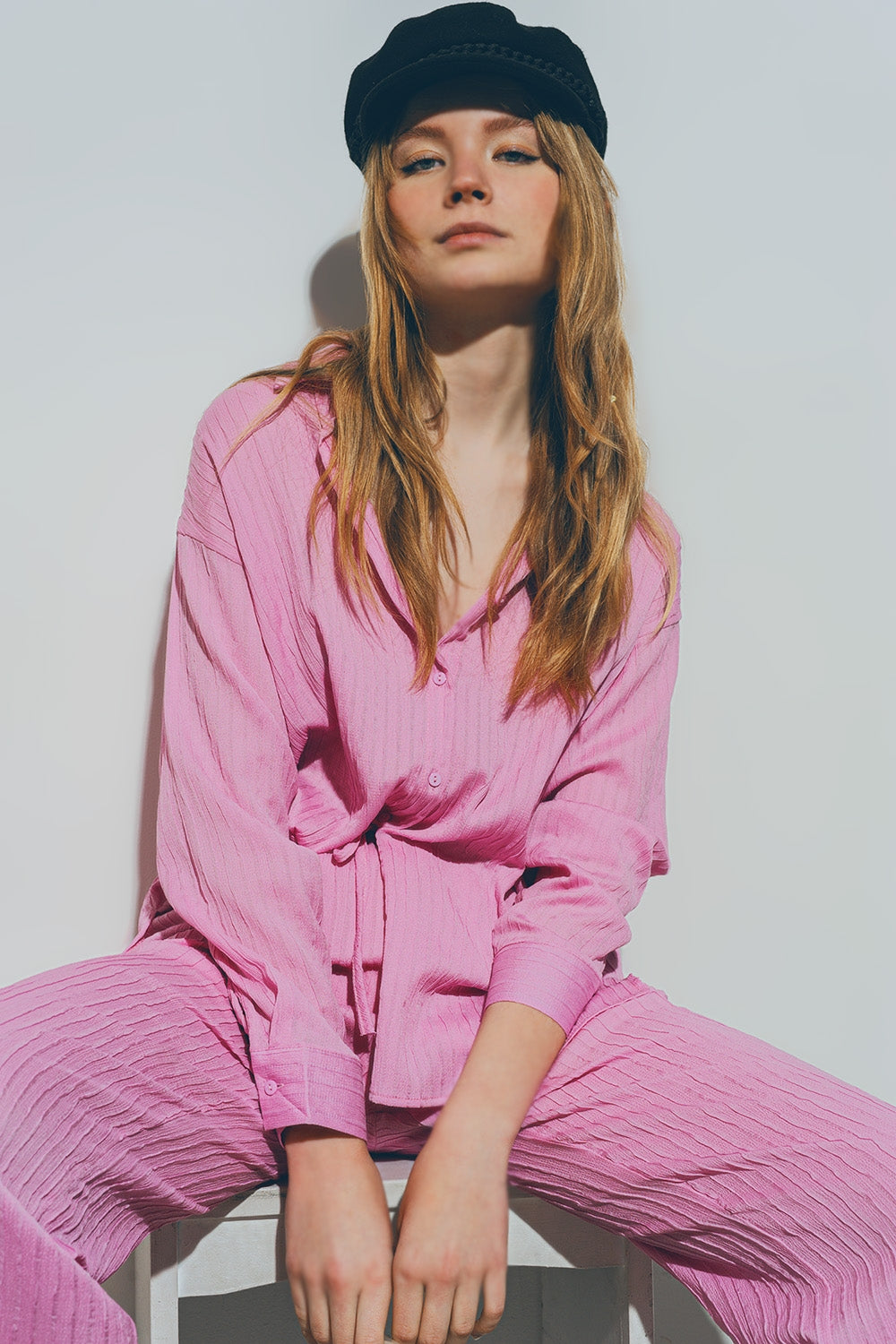 Camisa Solta Texturizada em Rosa