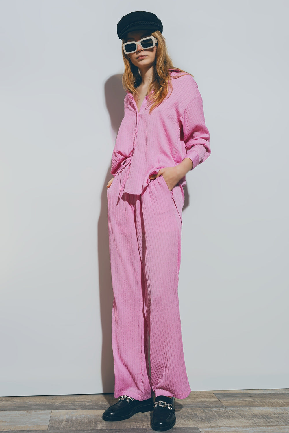 Camisa Solta Texturizada em Rosa