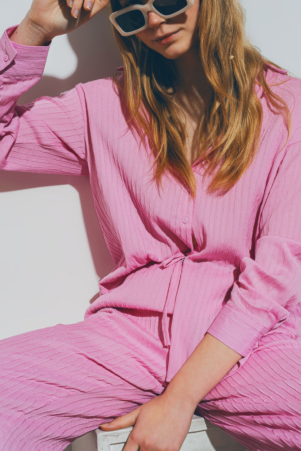 Camisa Solta Texturizada em Rosa