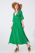 Vestido longo em V Texturizado Verde