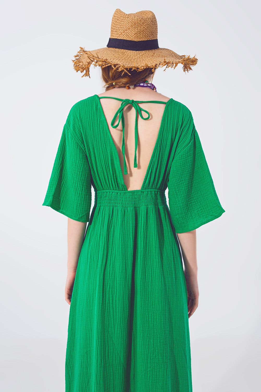 Vestido longo em V Texturizado Verde
