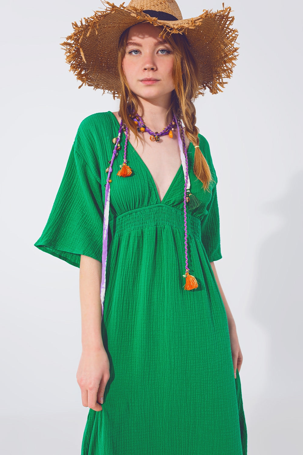 Vestido longo em V Texturizado Verde