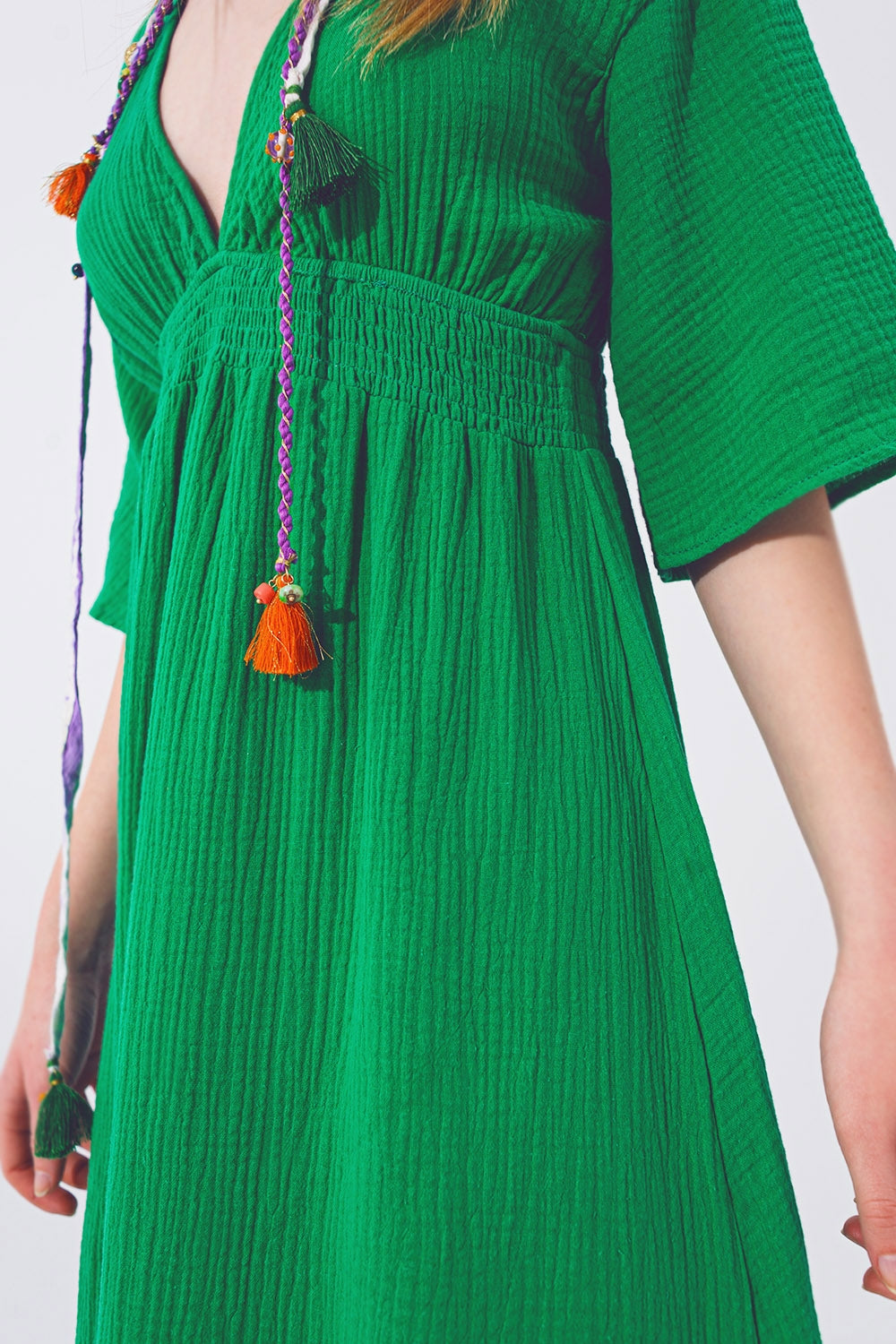 Vestido longo em V Texturizado Verde