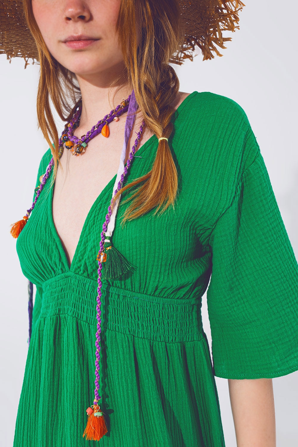 Vestido longo em V Texturizado Verde