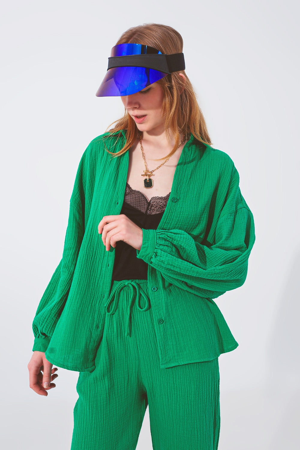 Camisa Solta Texturizada em Verde