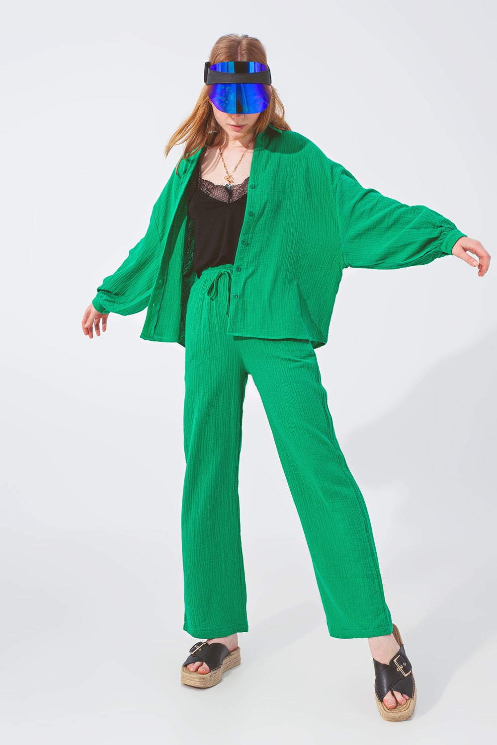 Camisa Solta Texturizada em Verde