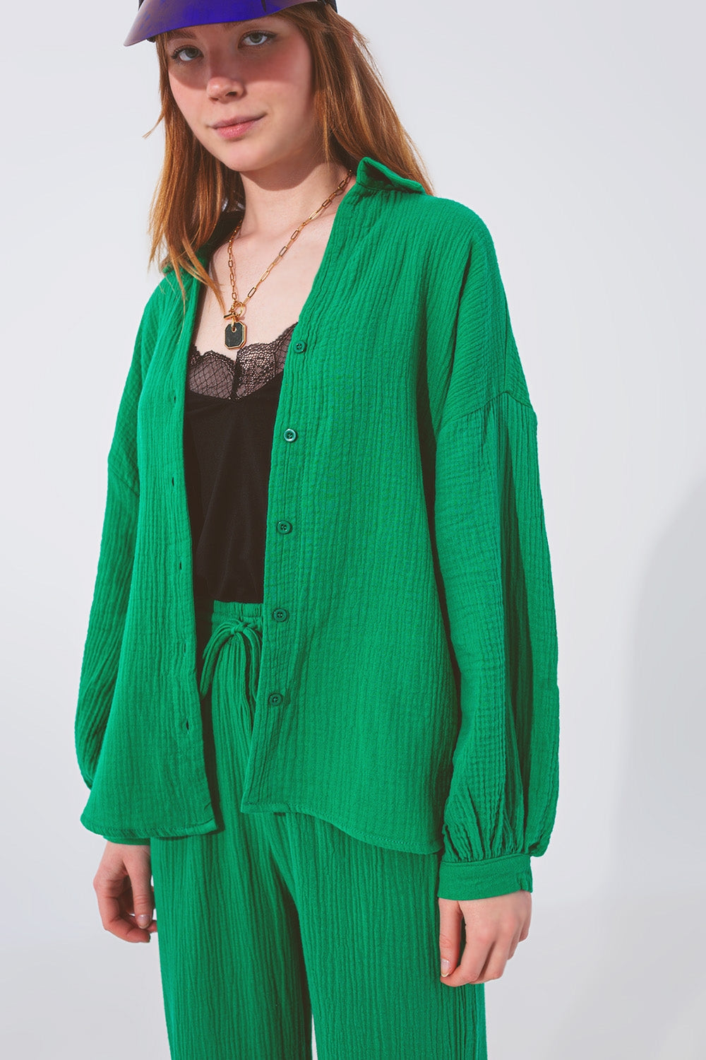 Camisa Solta Texturizada em Verde