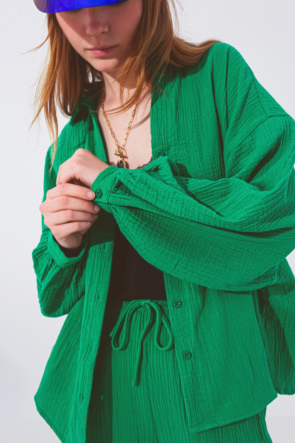 Camisa Solta Texturizada em Verde