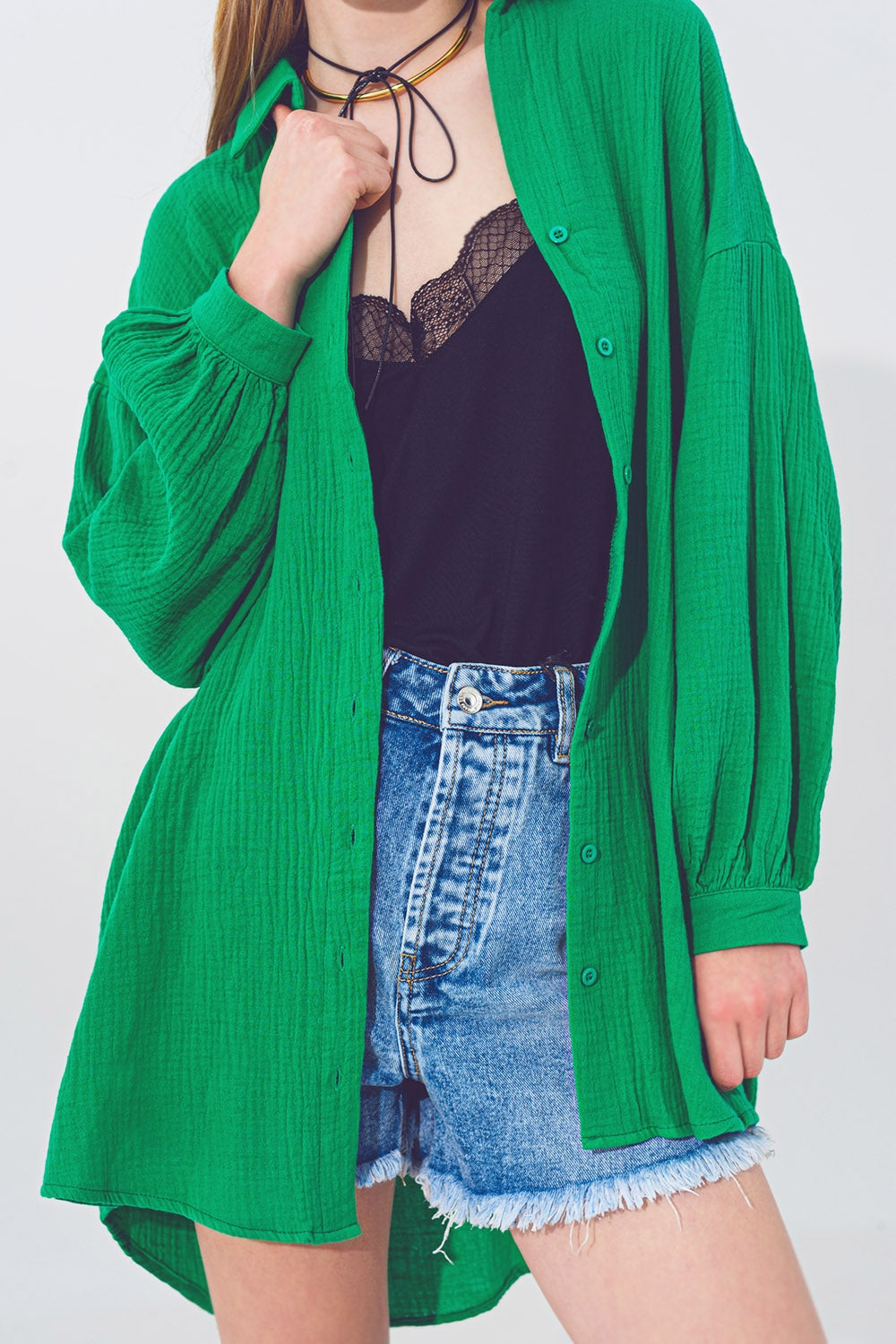 Camisa Solta Texturizada em Verde