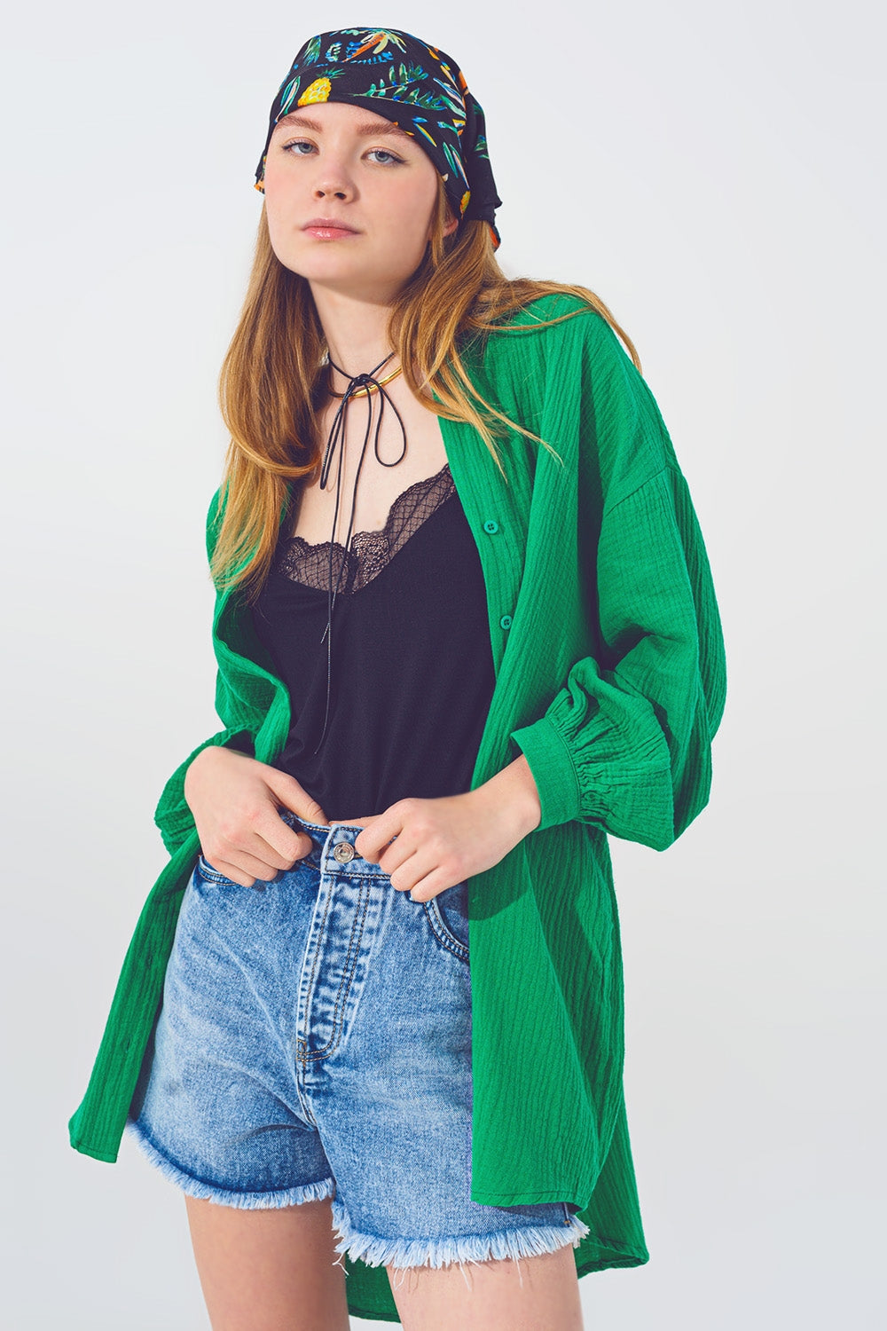 Camisa Solta Texturizada em Verde