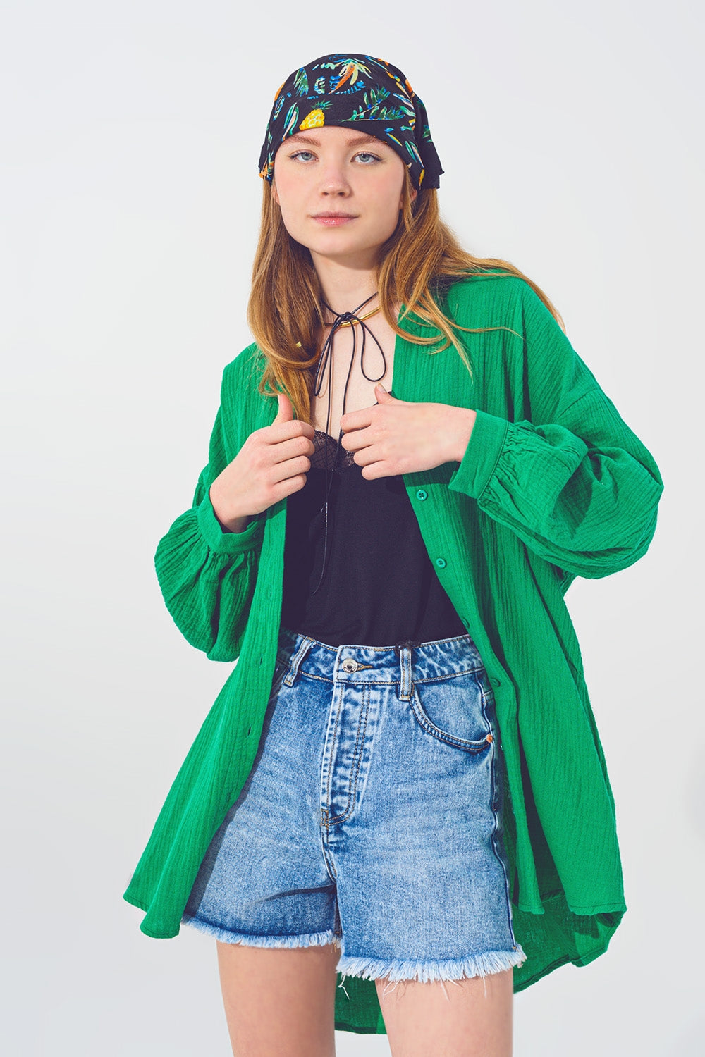 Camisa Solta Texturizada em Verde