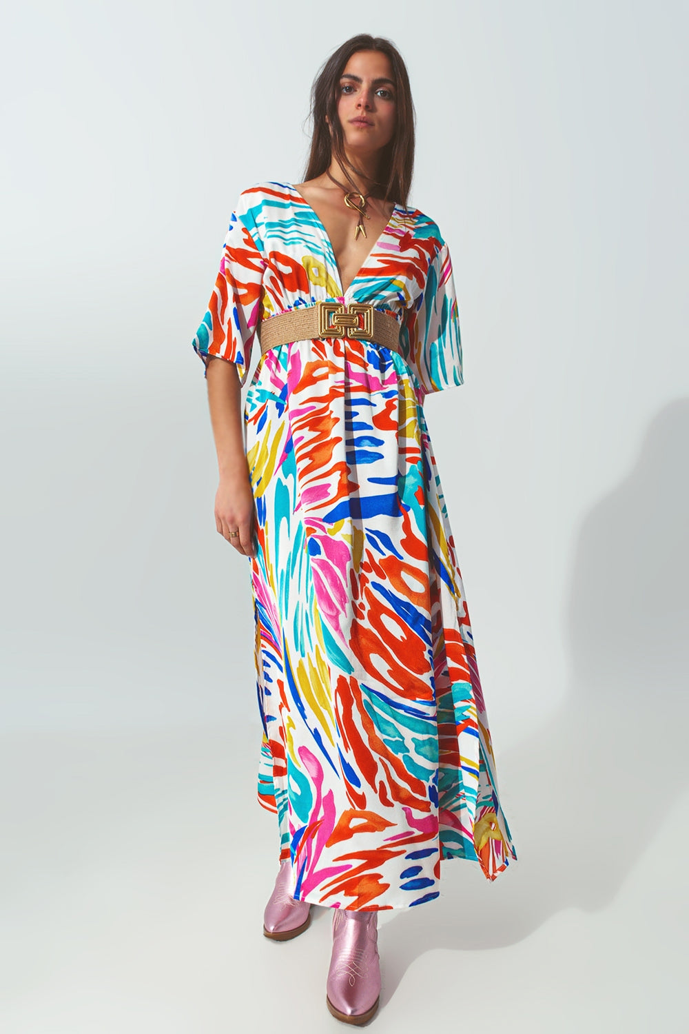 Vestido longo V Pescoço com Impressão Multicolor