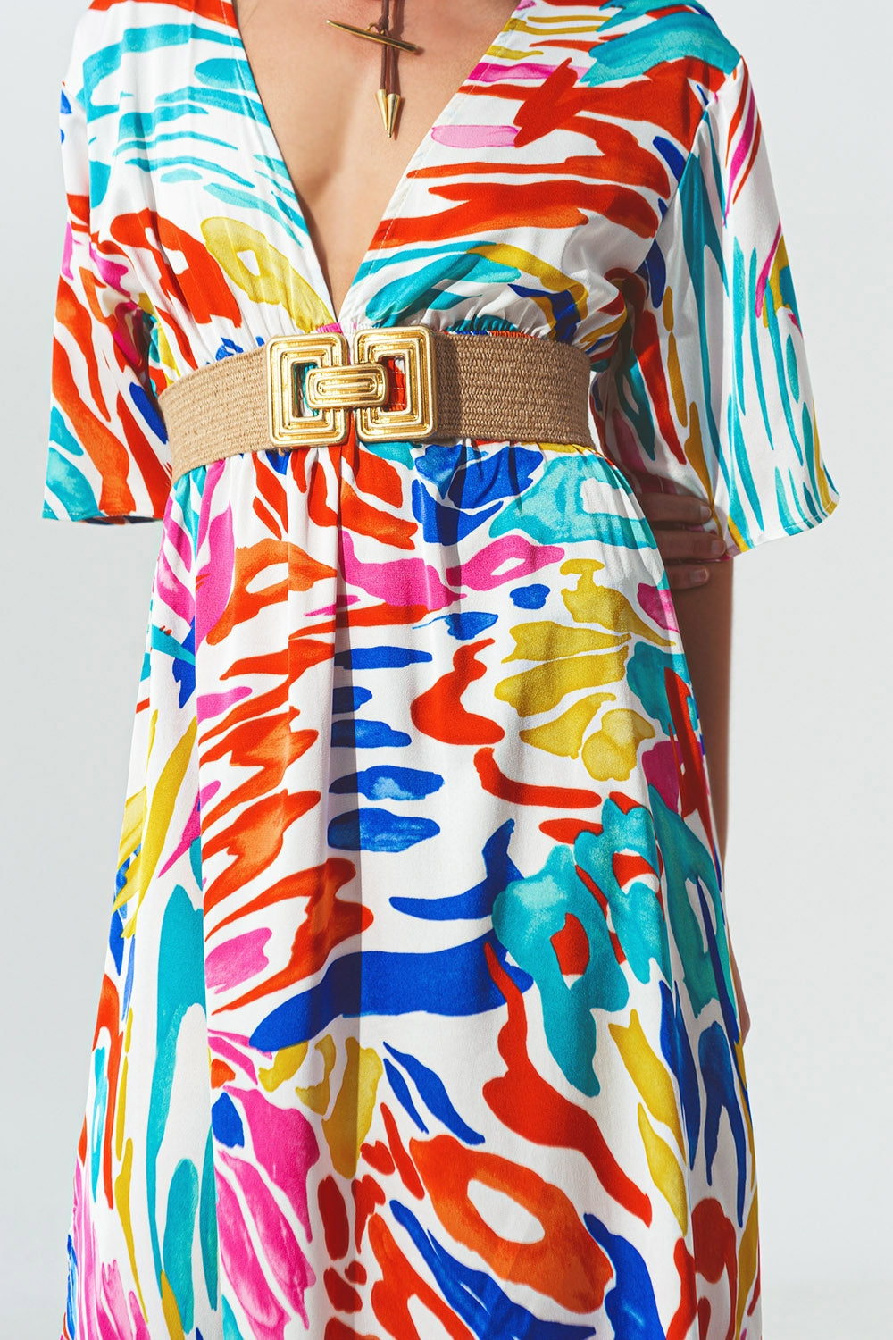 Vestido longo V Pescoço com Impressão Multicolor