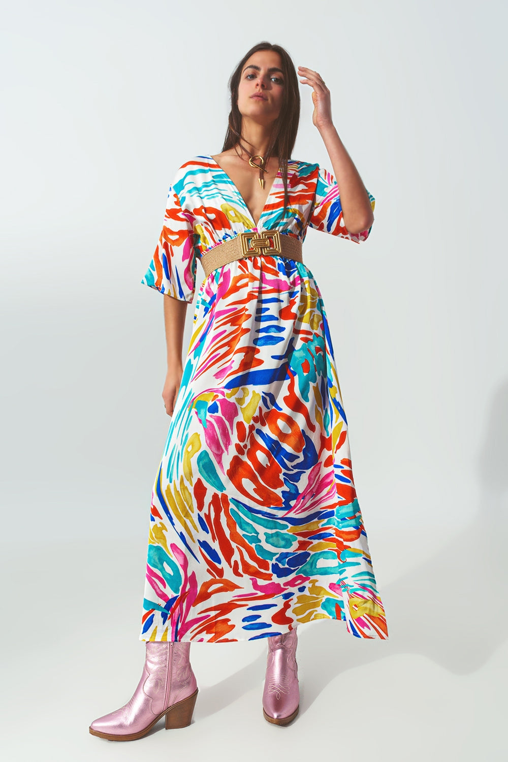 Vestido longo V Pescoço com Impressão Multicolor