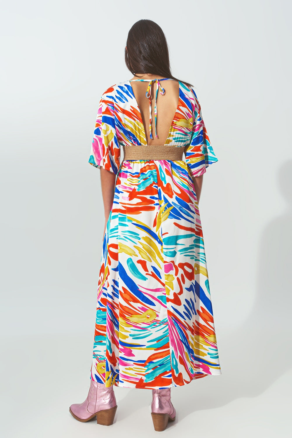 Vestido longo V Pescoço com Impressão Multicolor