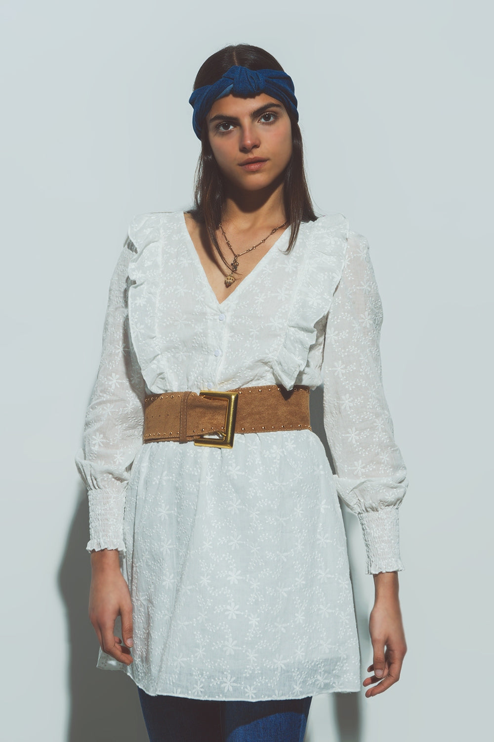 Mini Vestido Floral Texturizado em Branco