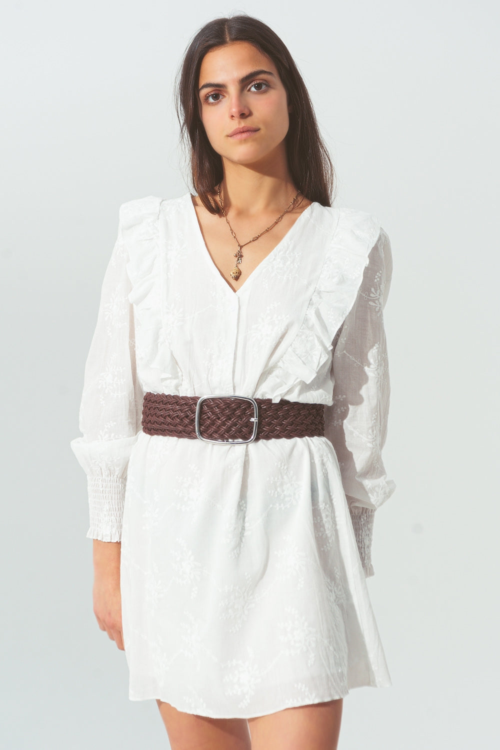 Mini Vestido de Rufo Floral em Branco
