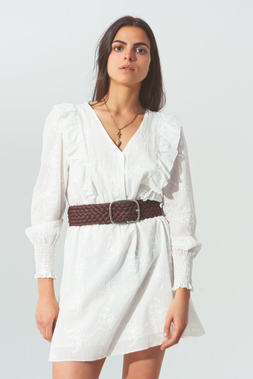 Mini Vestido de Rufo Floral em Branco