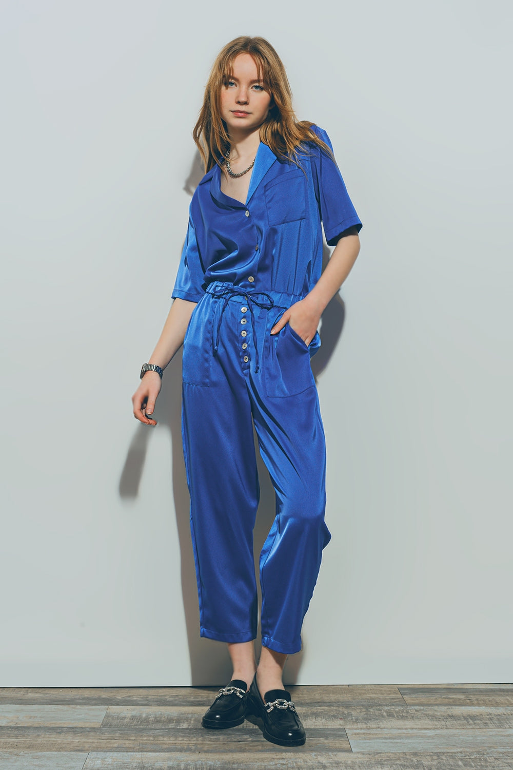 Camisa de Manga Curta de Cetim em Azul