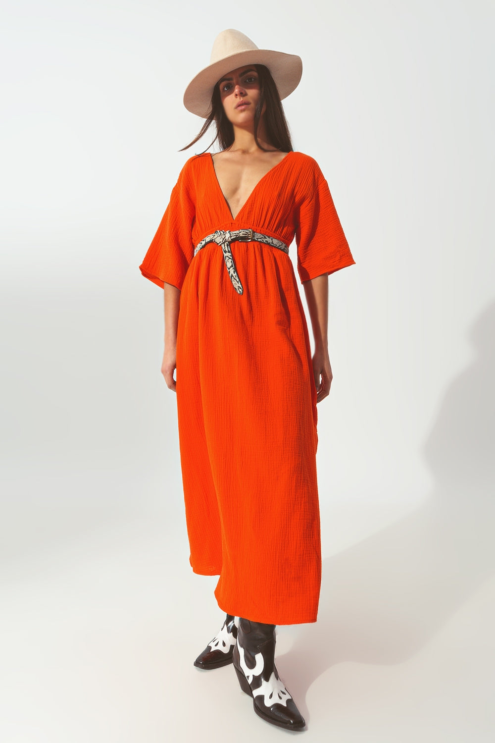 Vestido longo em V Texturizado laranja