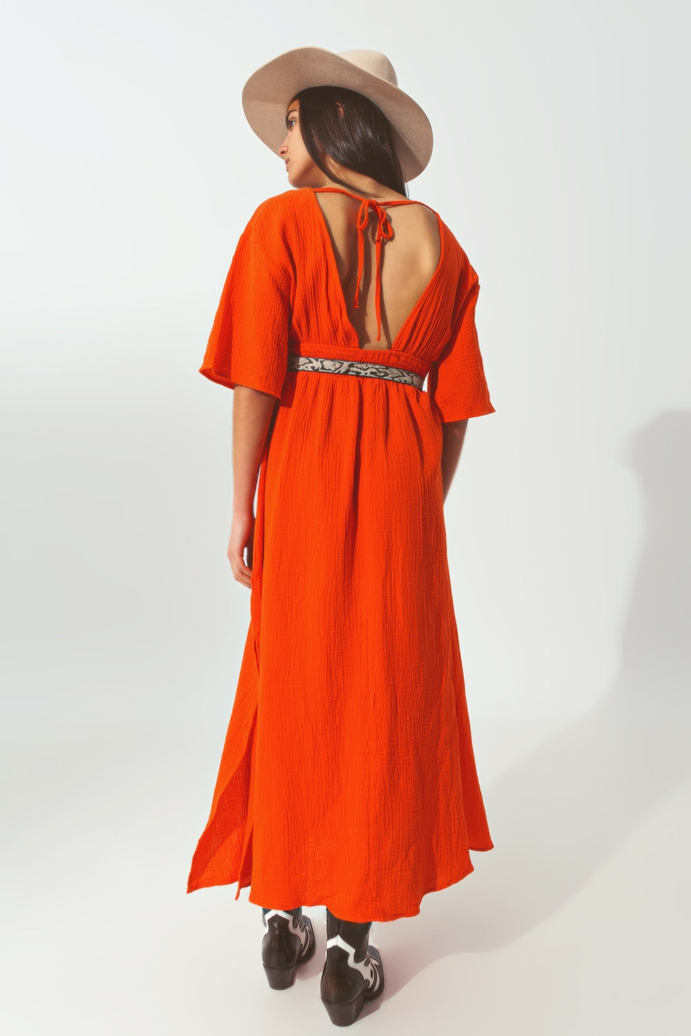 Vestido longo em V Texturizado laranja