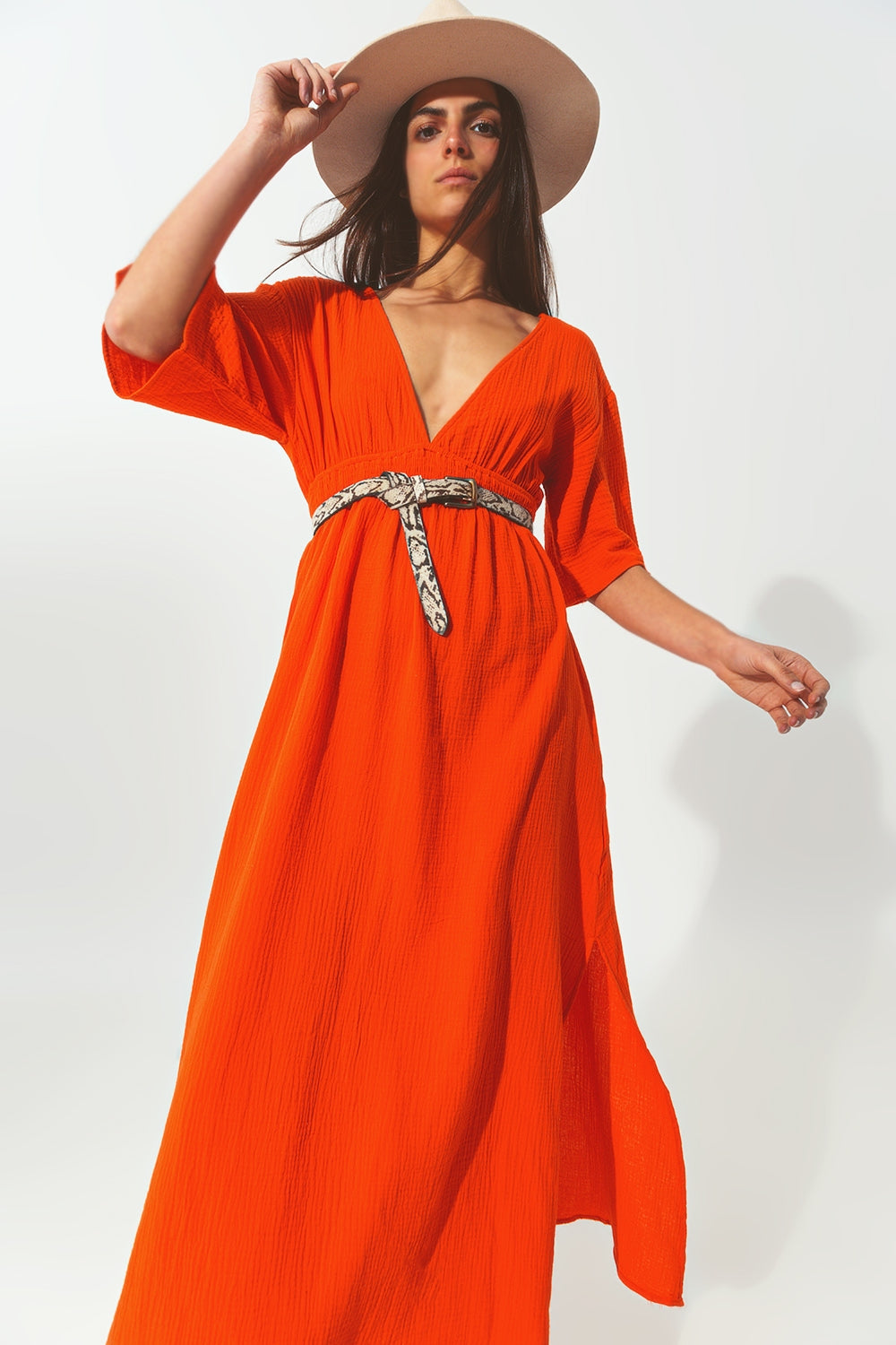 Vestido longo em V Texturizado laranja