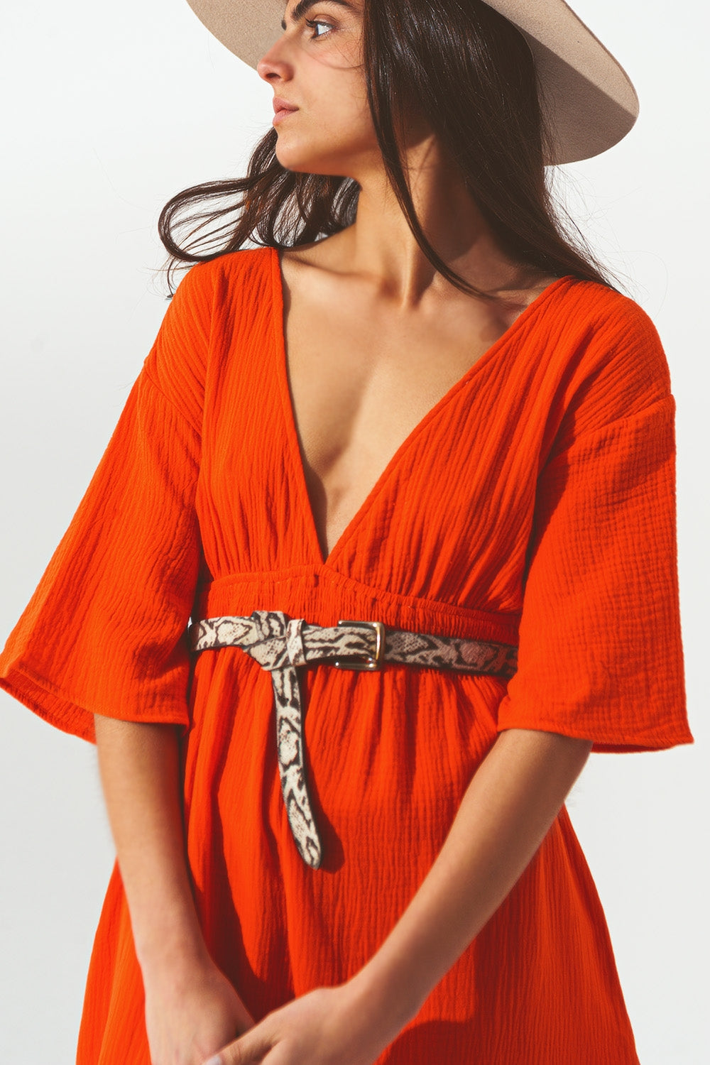 Vestido longo em V Texturizado laranja