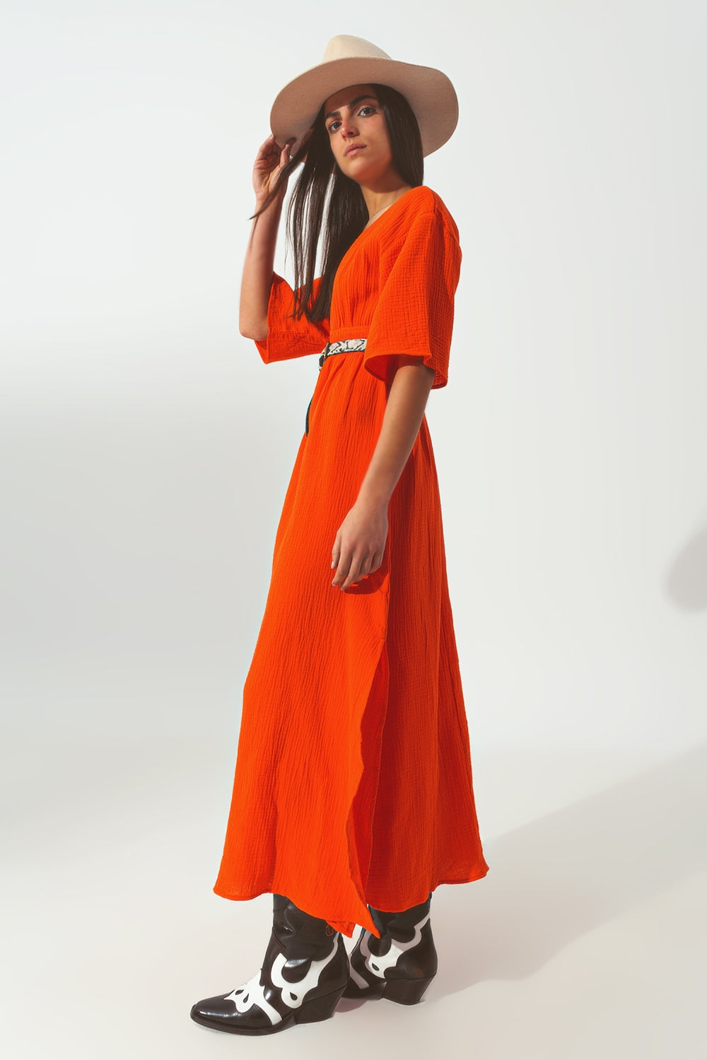 Vestido longo em V Texturizado laranja
