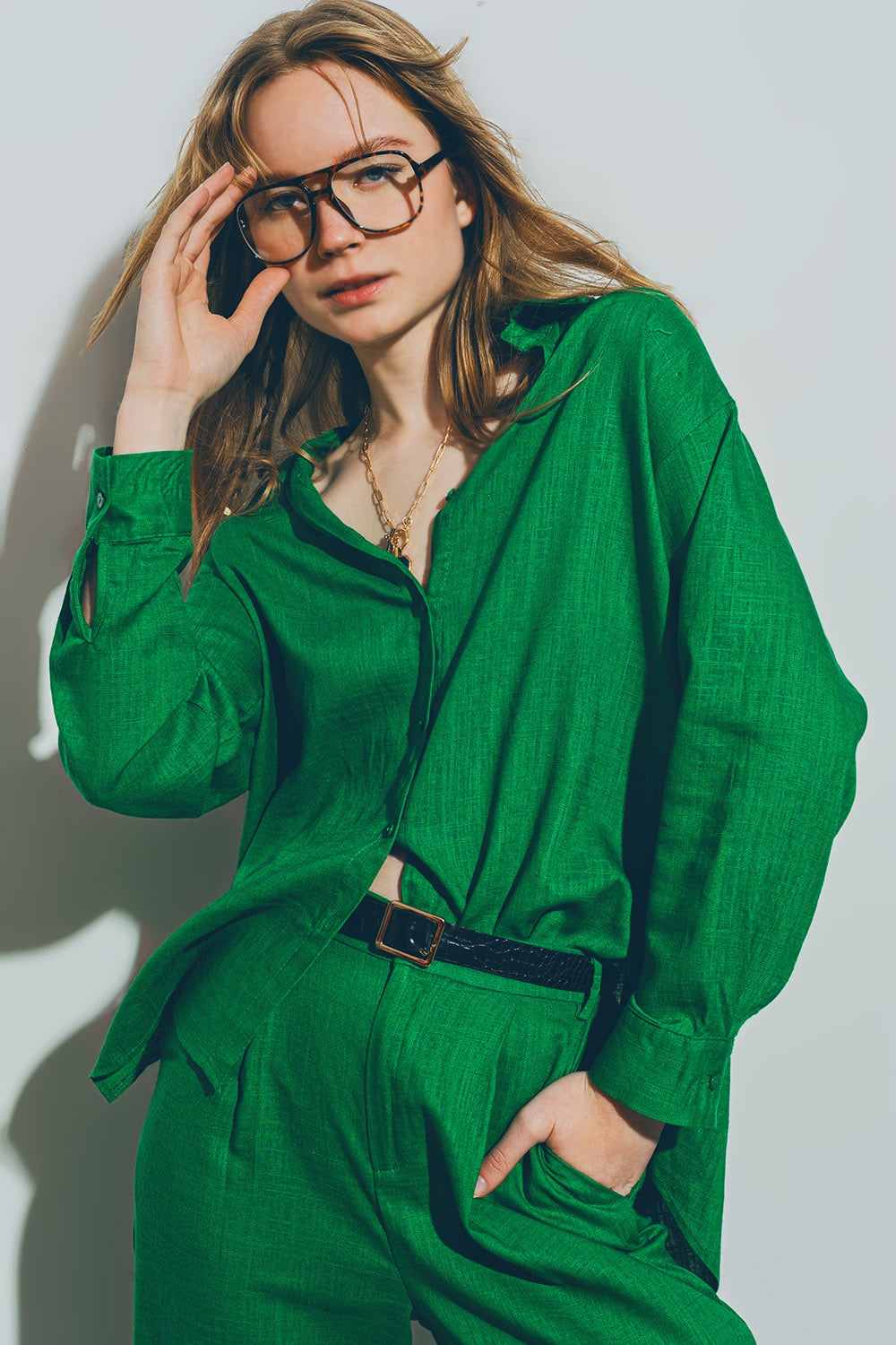 Camisa de Algodão Solto em verde