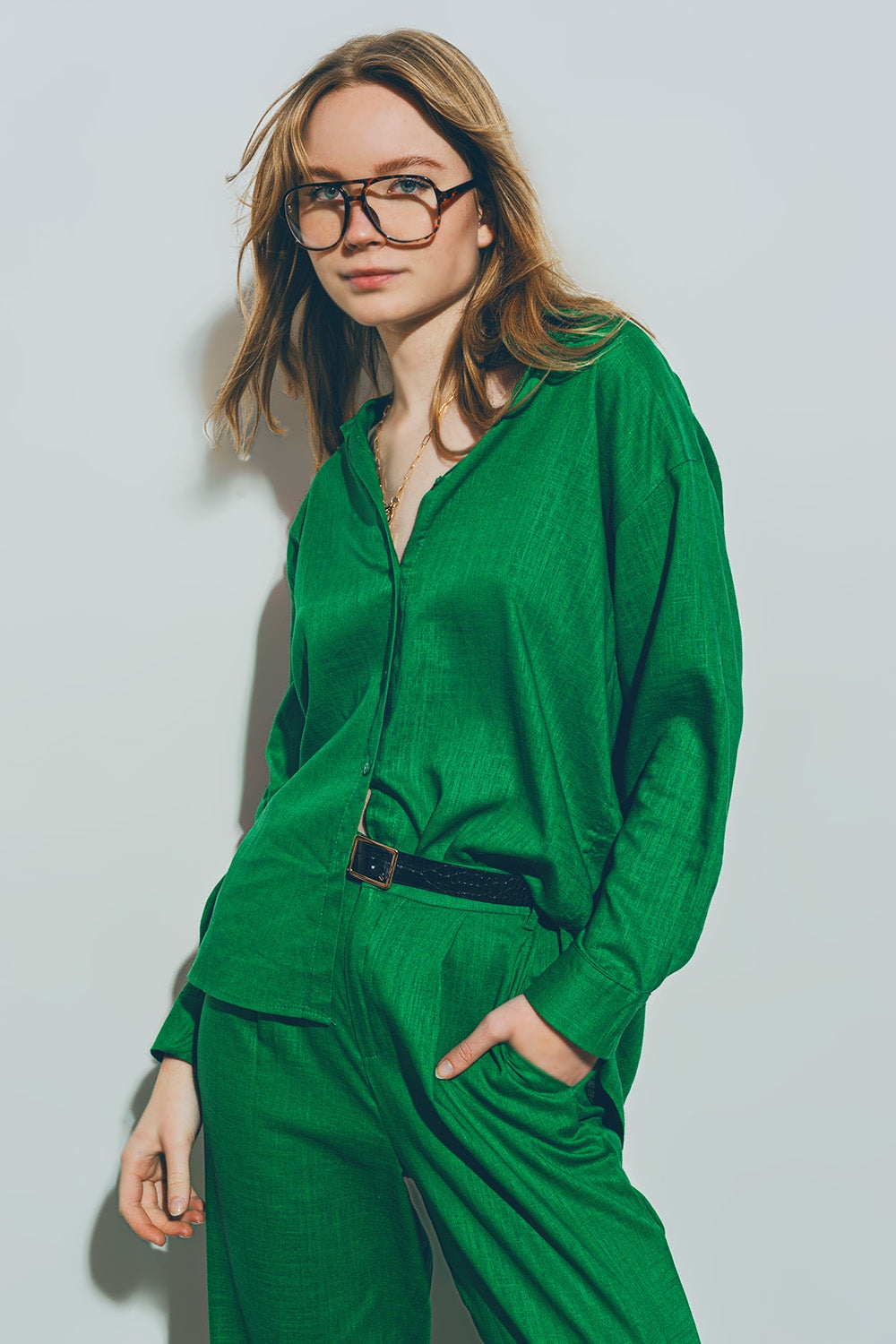 Camisa de Algodão Solto em verde