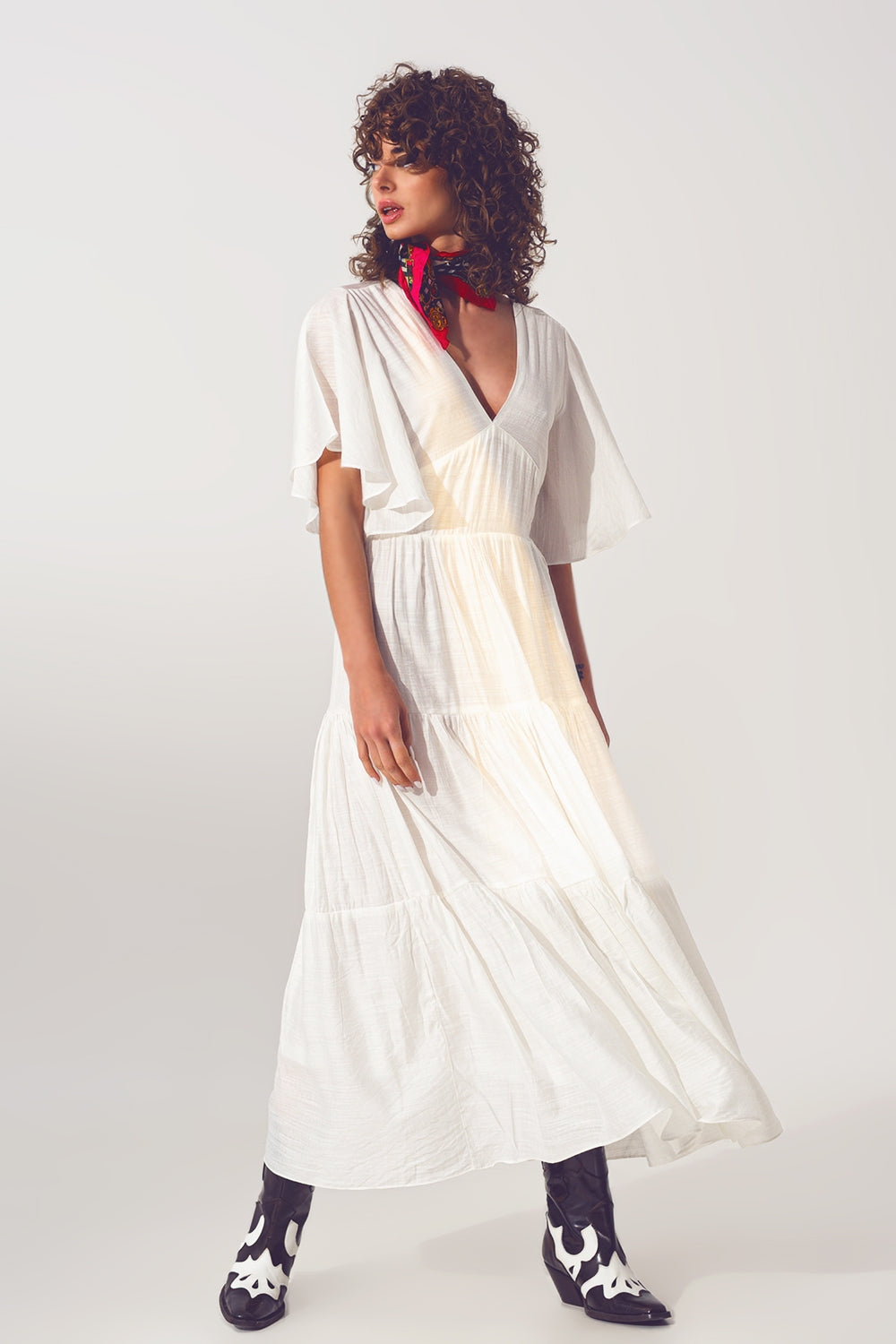 Vestido Smock V Pescoço Maxi em Branco