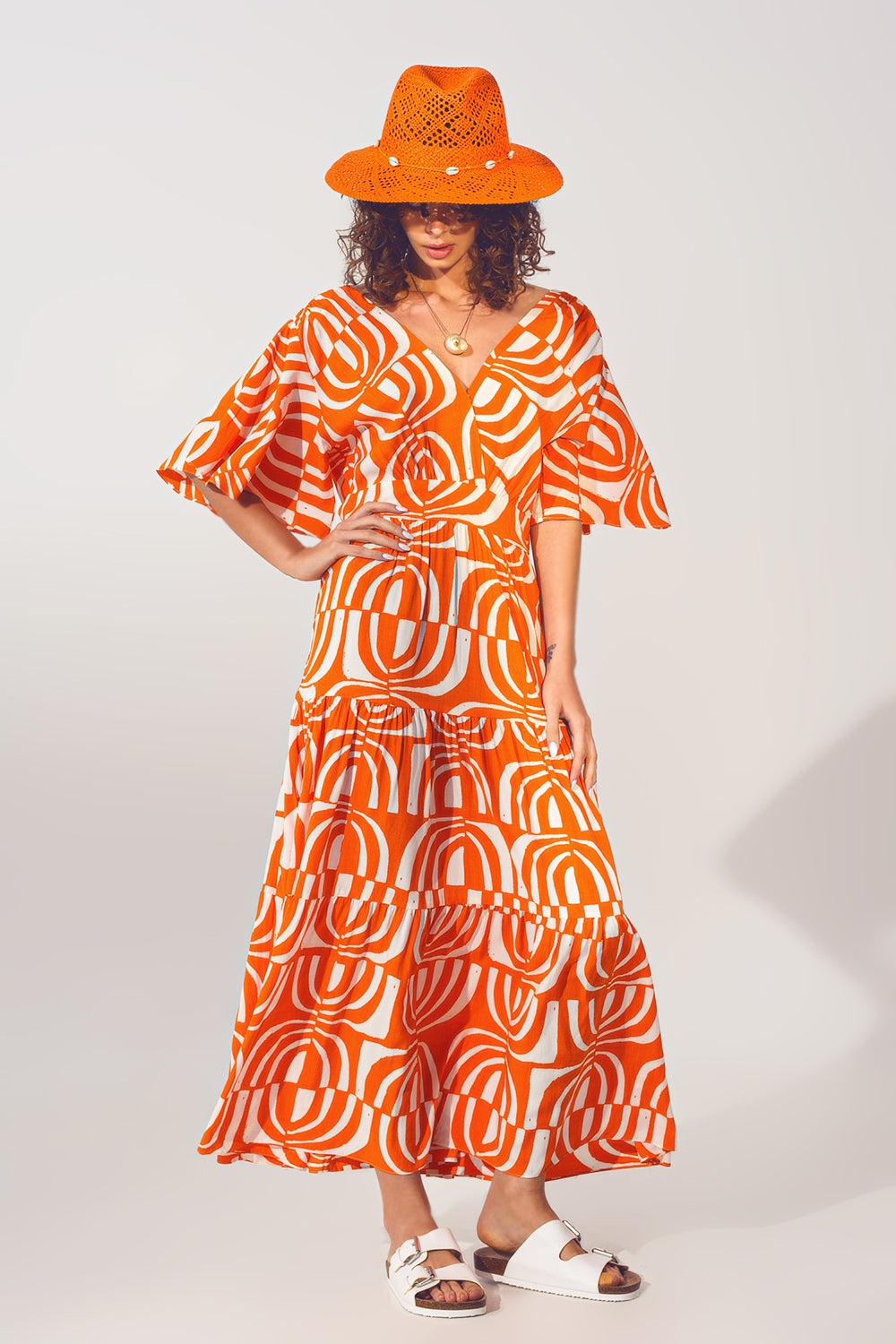 V Vestido Midi de Pescoço V com Impressão em Laranja