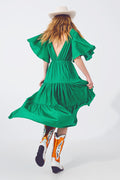 Smock V Neck Maxi Vestido de Verde