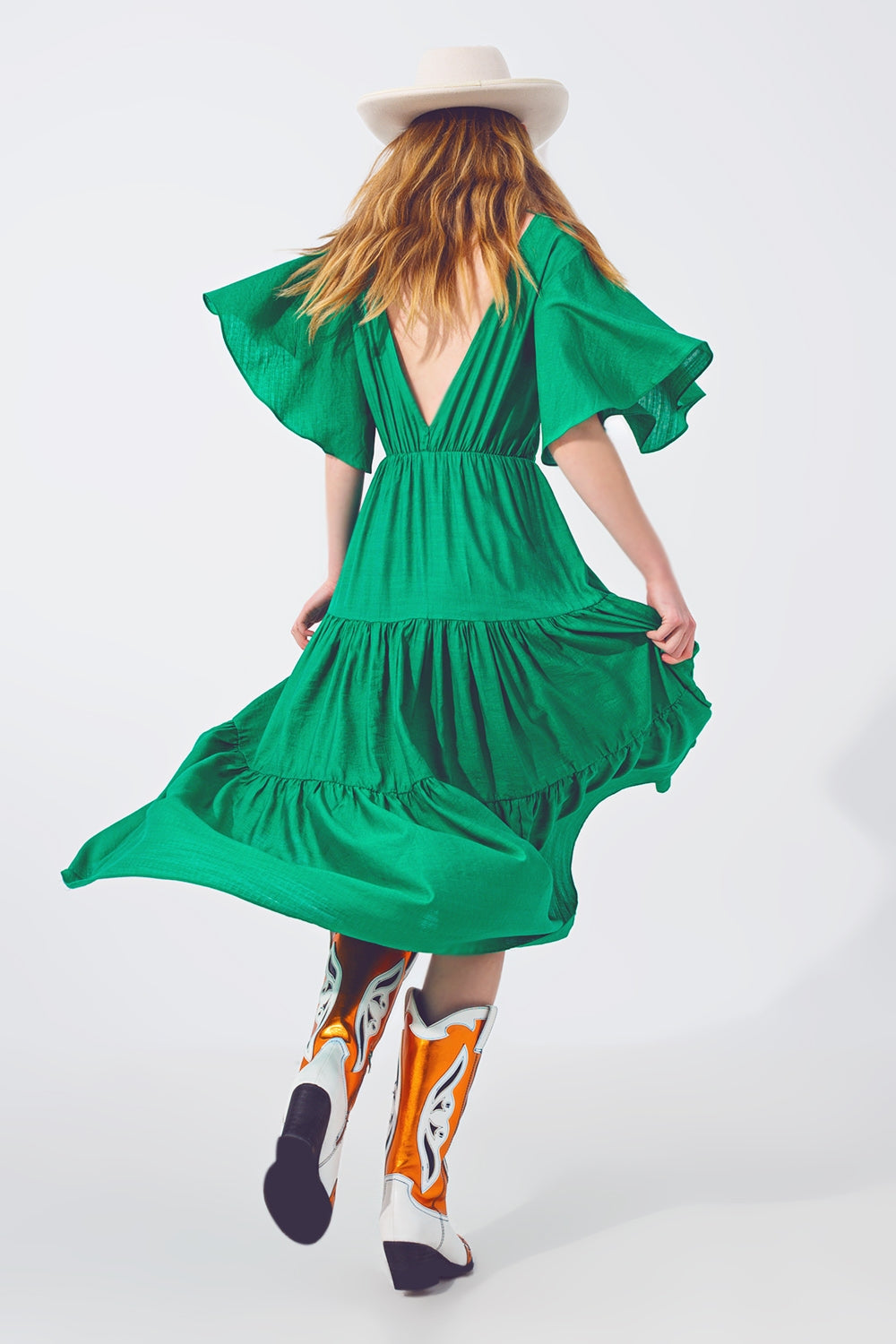 Smock V Neck Maxi Vestido de Verde