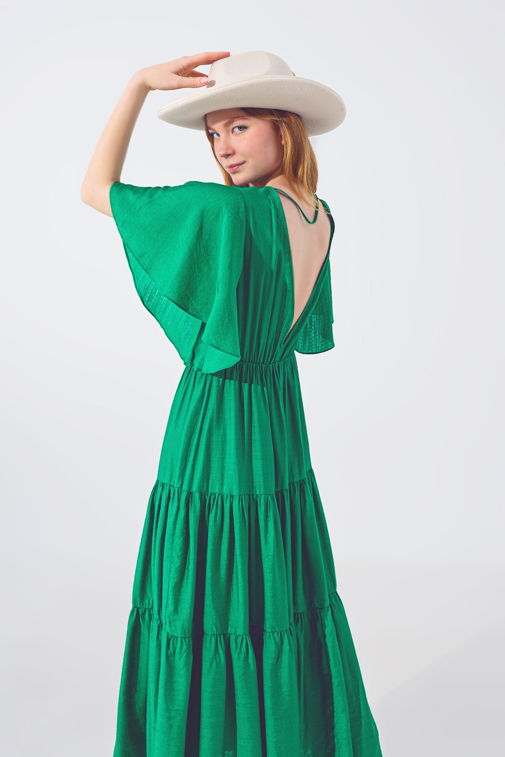 Smock V Neck Maxi Vestido de Verde