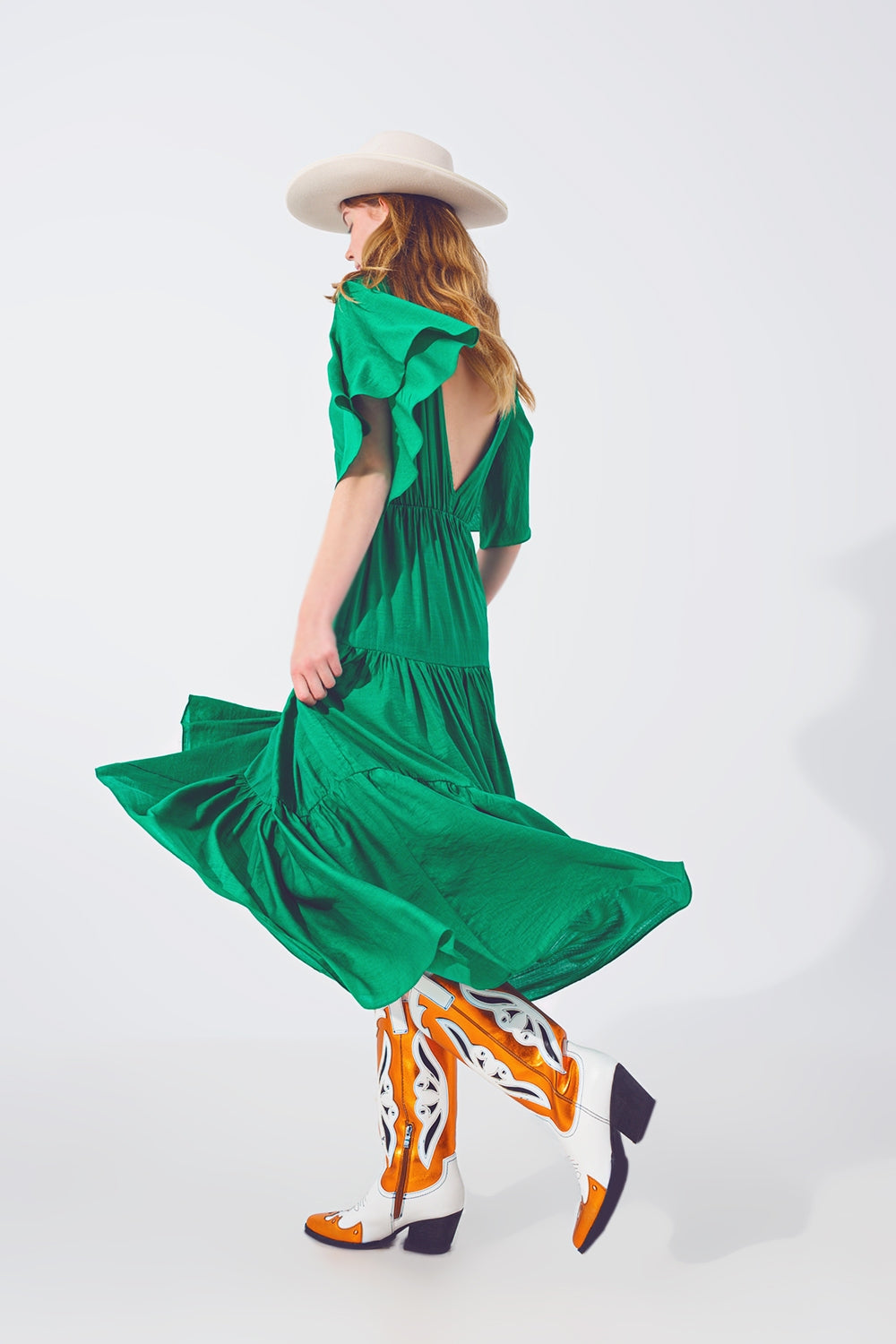 Smock V Neck Maxi Vestido de Verde