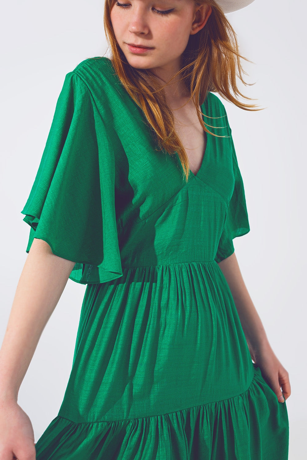 Smock V Neck Maxi Vestido de Verde