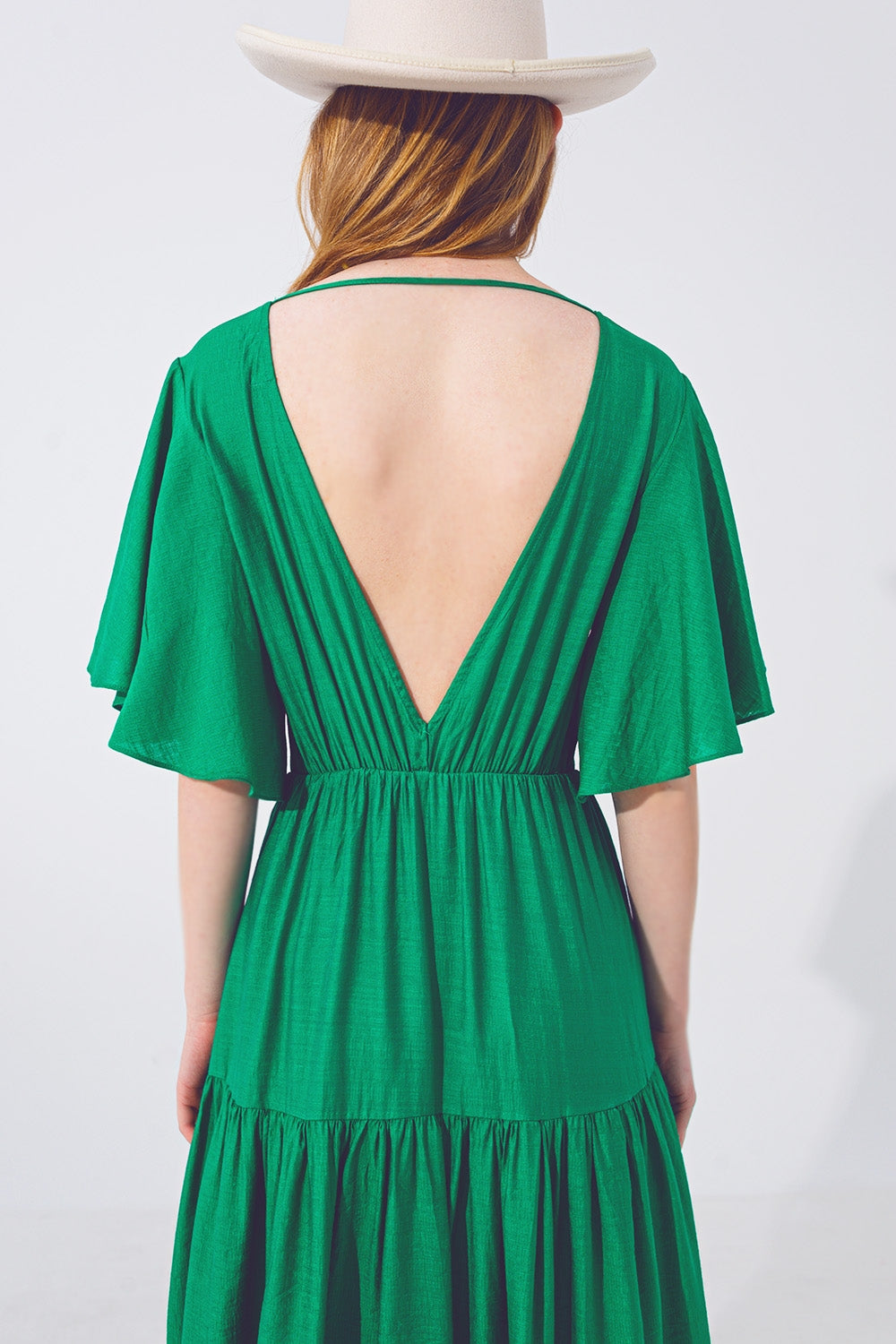 Smock V Neck Maxi Vestido de Verde