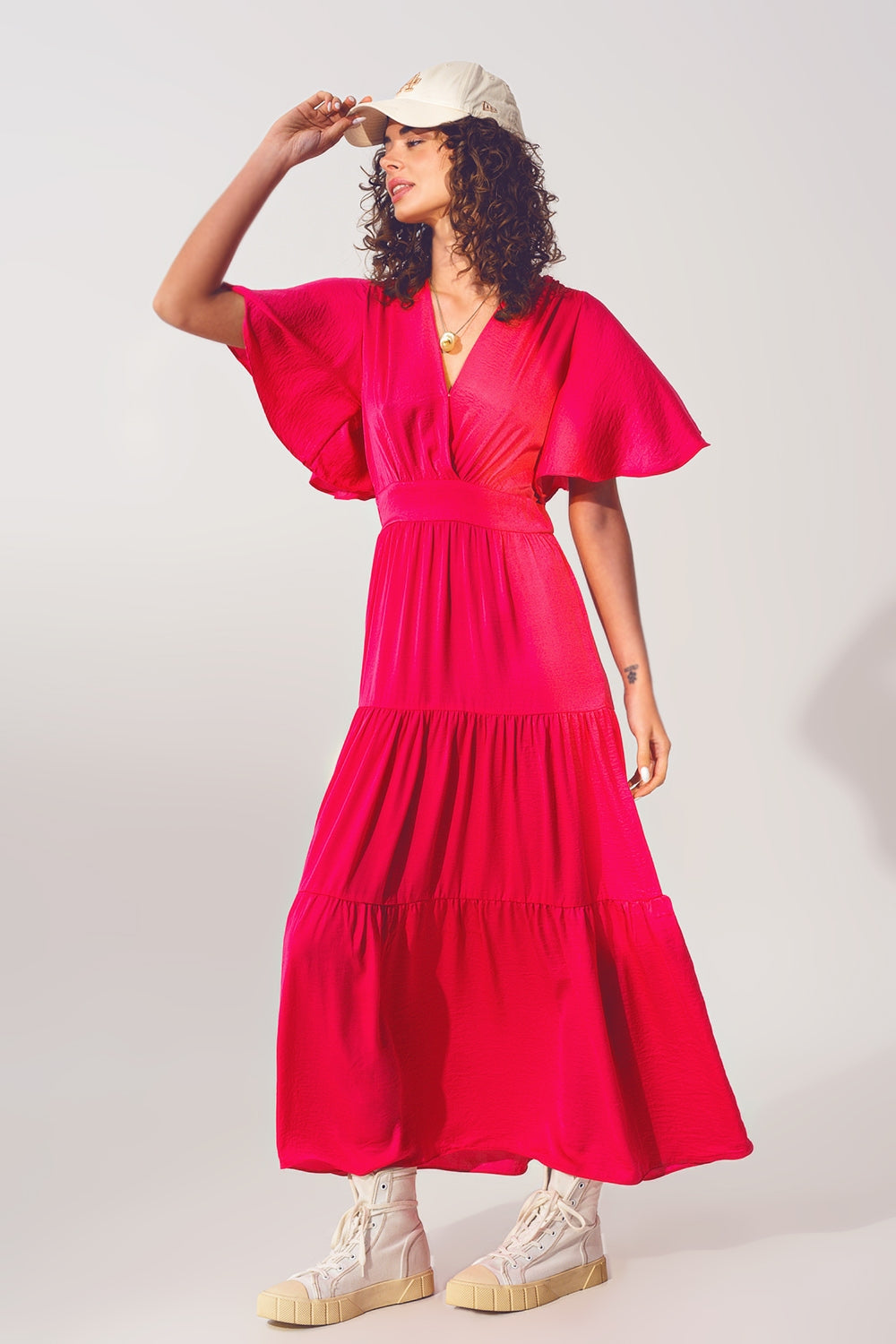 Vestido Smock V Pescoço Maxi em fucsia