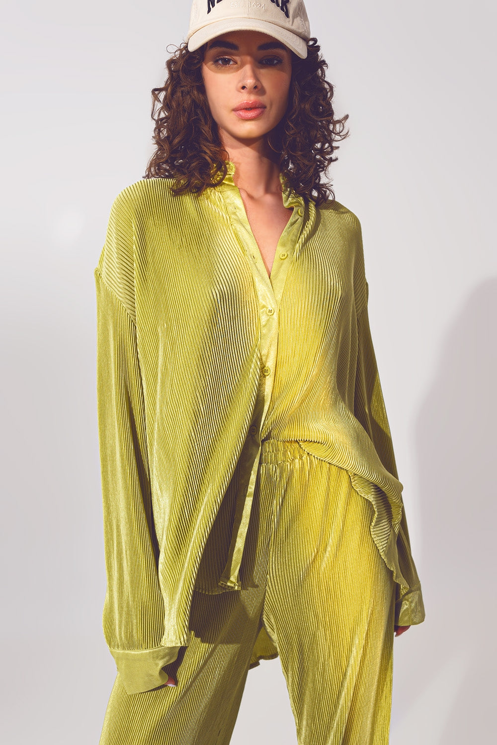 Camisa de Cetim Pregueada Relaxada em Verde