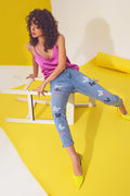 Calças de ganga skinny com detalhe de borboleta em Light Blue Wash