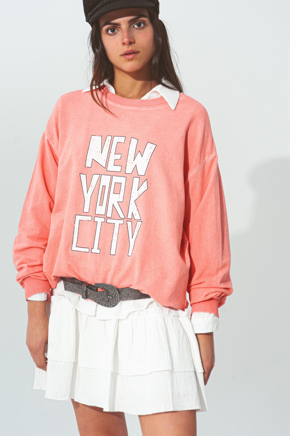 Camisola com texto Nova Iorque em Coral