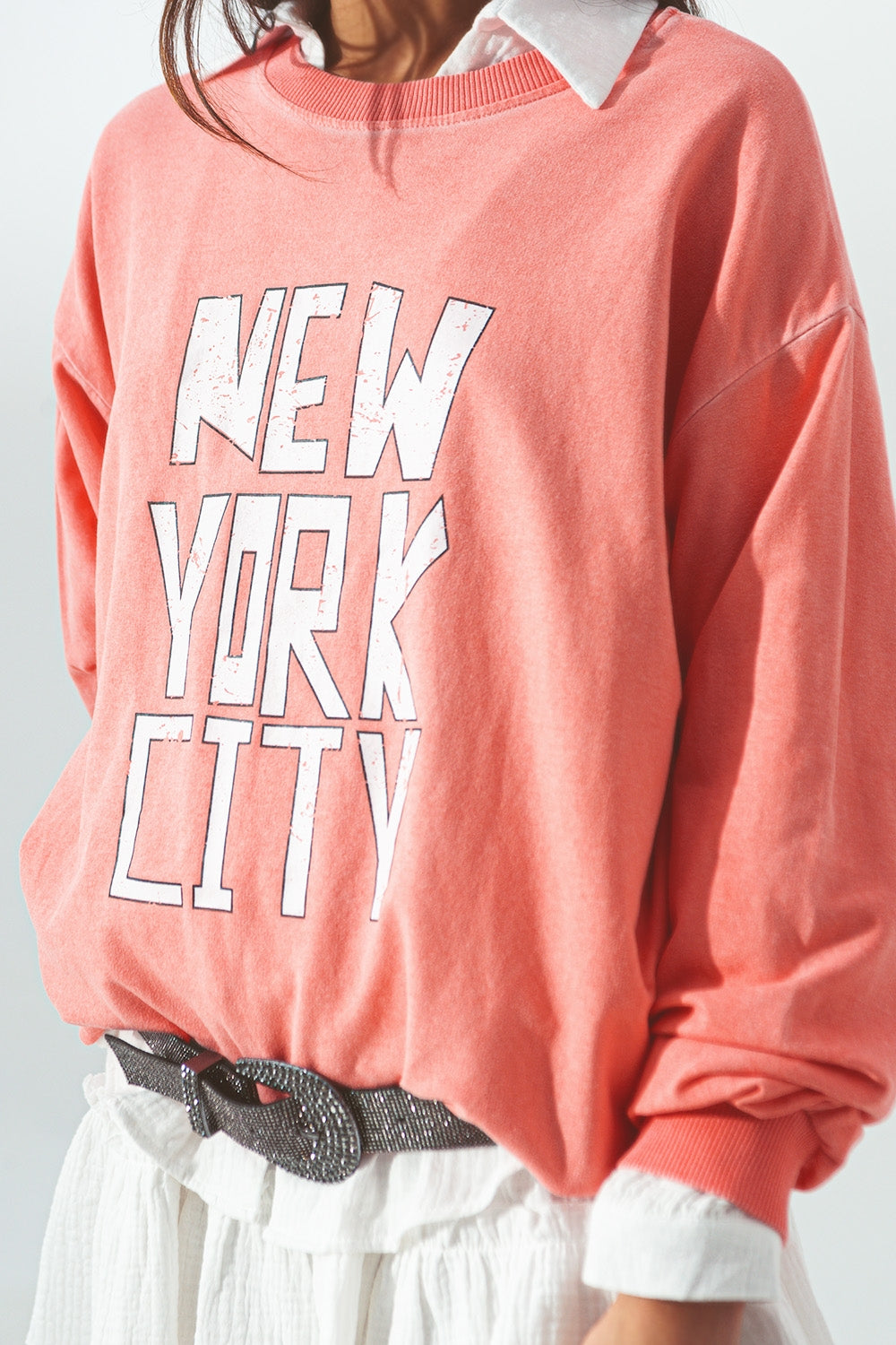 Camisola com texto Nova Iorque em Coral